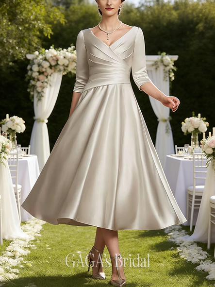 A-line Exquisite V-Neck Tea-Length Satin Mother of the Bride Dress With Pleated