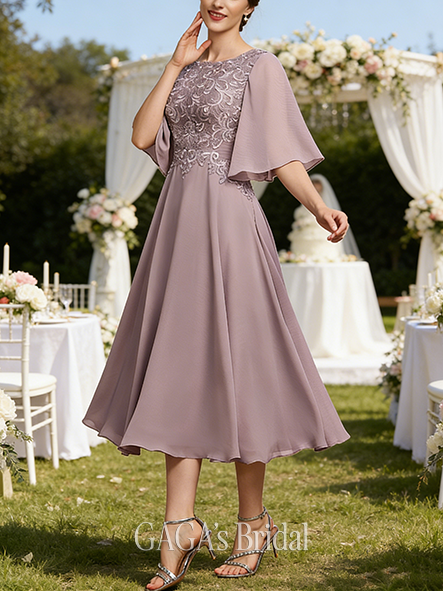 Fall A-line Sophisticated Scoop Tea-Length Lace Chiffon Mother of the Bride Dress