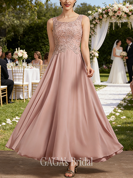 Wedding Guest A-line Refined Scoop Ankle-Length Lace Chiffon Mother of the Bride Dress