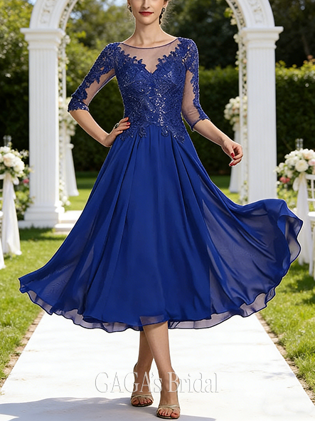 Fall A-line Sophisticated Scoop Illusion Tea-Length Lace Chiffon Mother of the Bride Dress With Sequins