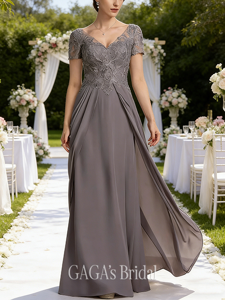 New Arrival A-line Refined Graceful V-Neck Floor-Length Chiffon Lace Mother of the Bride Dress With Overskirt