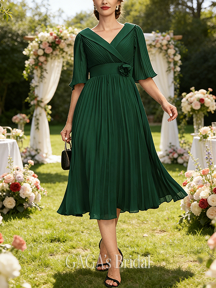 A-line Exquisite V-Neck Collared Tea-Length Chiffon Mother of the Bride Dress With 3D Floral Pleated