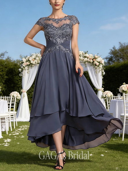 Grandmother A-line Sophisticated Scoop Illusion Asymmetrical Chiffon Lace Mother of the Bride Dress With Beading