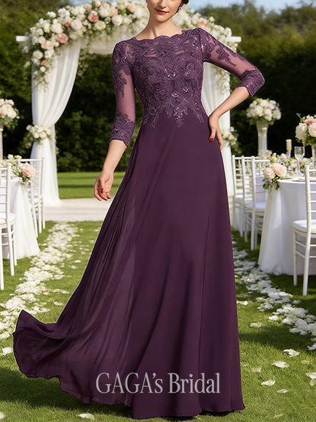 Plus Size A-line Sophisticated Graceful Scoop Floor-Length Lace Chiffon Mother of the Bride Dress With Sequins Pleated