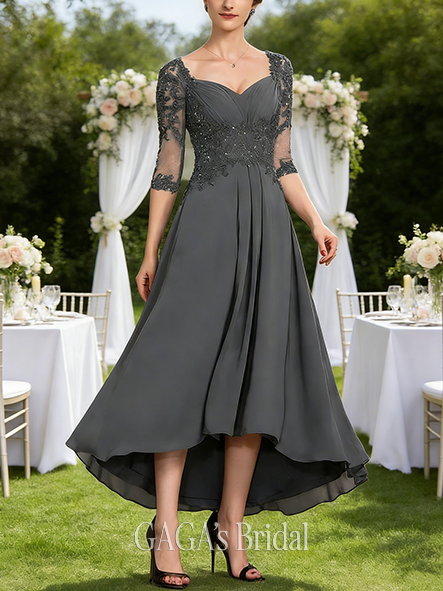 Fall A-line Sophisticated Sweetheart Asymmetrical Chiffon Lace Mother of the Bride Dress With Pleated Sequins Beading
