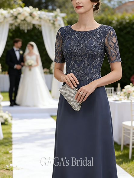 Fall A-line Sophisticated Scoop Floor-Length Lace Chiffon Mother of the Bride Dress With Sequins Pleated