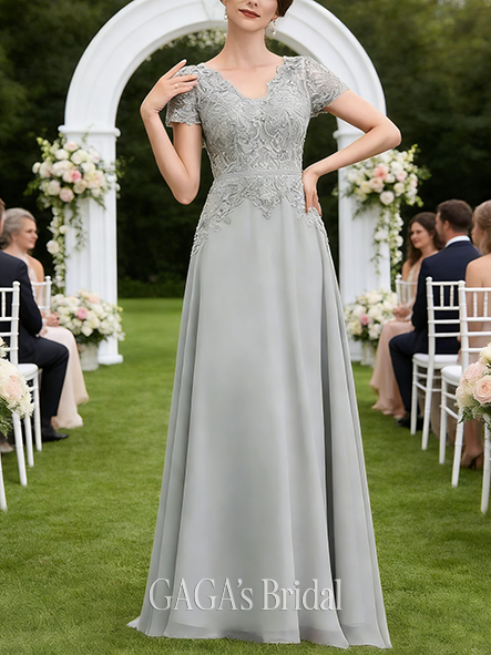 Fall A-line Sophisticated V-Neck Floor-Length Lace Chiffon Mother of the Bride Dress With Sequins