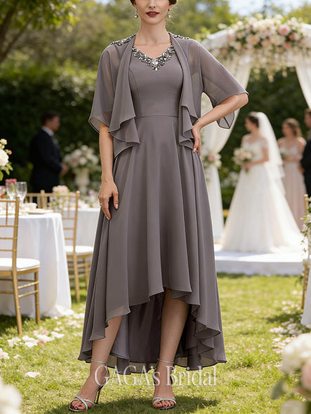 Wedding Guest A-line Refined V-Neck Asymmetrical Chiffon Mother of the Bride Dress With Beading Sequins