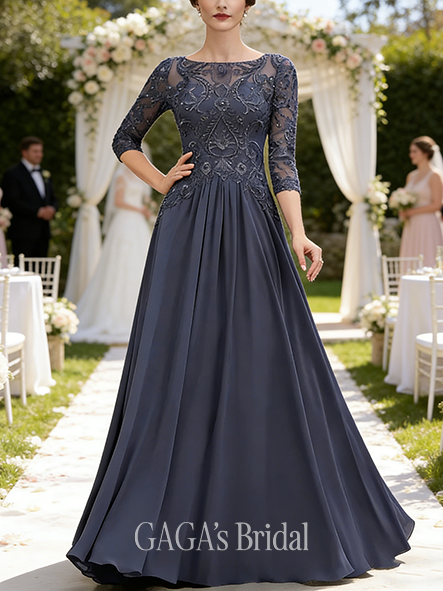 Fall A-line Sophisticated Boat Neck Illusion Floor-Length Chiffon Lace Mother of the Bride Dress With Sequins Beading