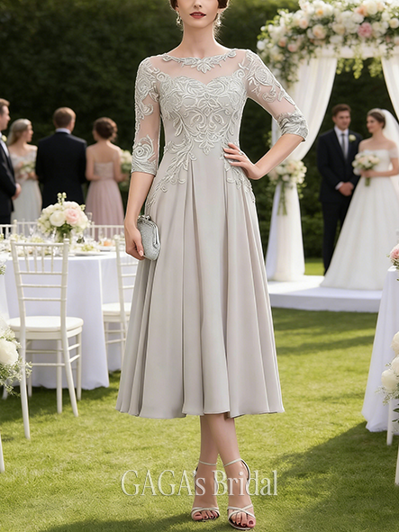 A-line Exquisite Scoop Illusion Tea-Length Chiffon Lace Mother of the Bride Dress With Sequins Beading