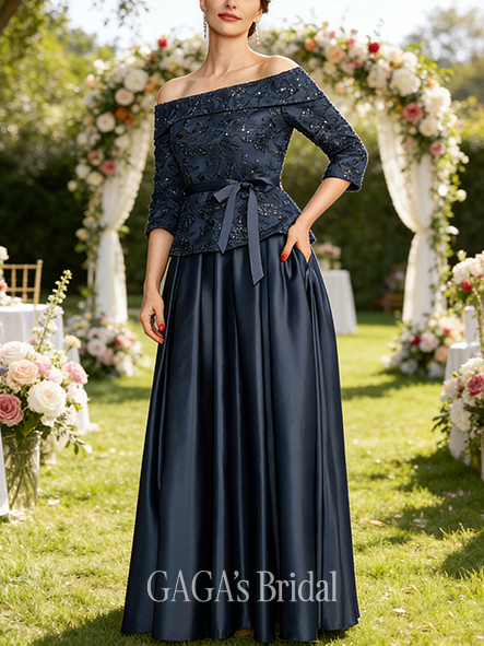 Fall A-line Sophisticated Off the Shoulder Floor-Length Satin Lace Mother of the Bride Dress With Bow Sequins