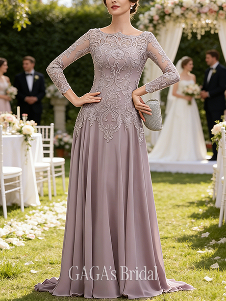 Plus Size A-line Modest Graceful Scoop Sweep Train Lace Chiffon Mother of the Bride Dress With Sequins