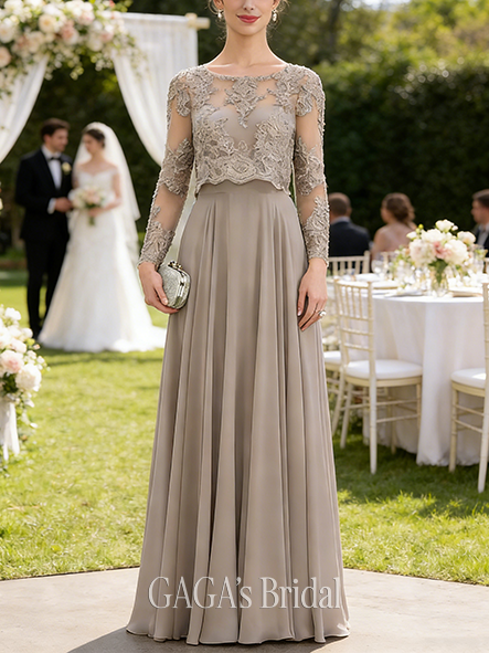 A-line Exquisite Scoop Illusion Floor-Length Lace Chiffon Mother of the Bride Dress With Sequins