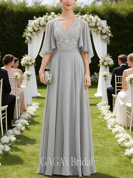 Wedding Guest A-line Refined V-Neck Floor-Length Chiffon Lace Mother of the Bride Dress With Sequins Beading