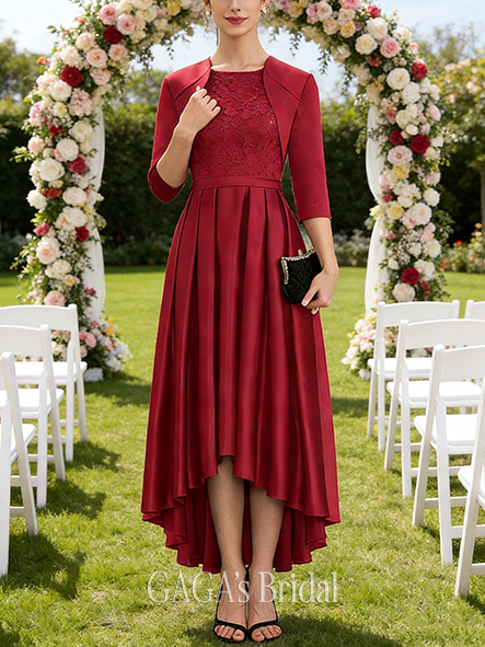 Wedding Guest A-line Refined Scoop Asymmetrical Satin Lace Mother of the Bride Dress With Sequins