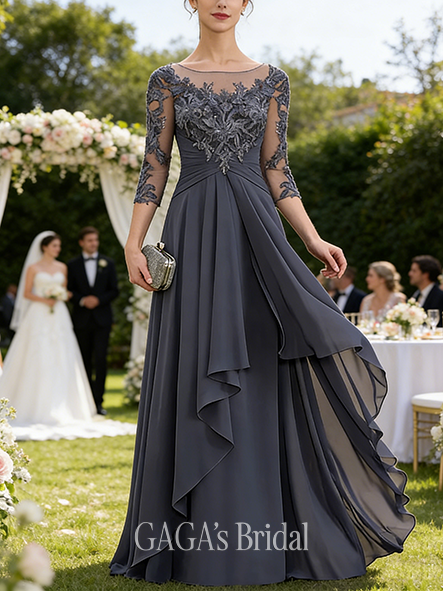 Plus Size A-line Polished Graceful Illusion Scoop Floor-Length Lace Chiffon Mother of the Bride Dress With Overskirt Cascading Ruffles