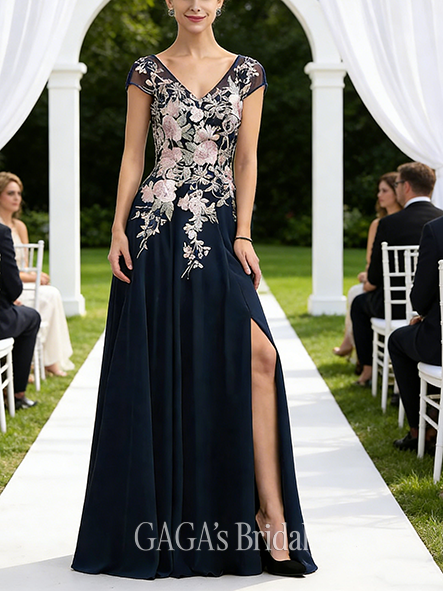 A-line Exquisite V-Neck Floor-Length Lace Chiffon Mother of the Bride Dress