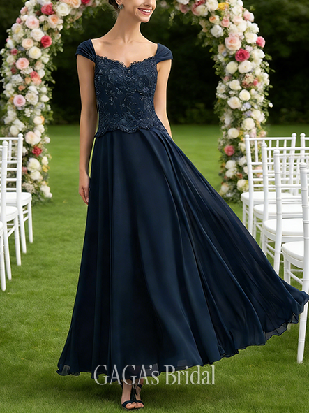 Fall A-line Sophisticated V-Neck Ankle-Length Lace Chiffon Mother of the Bride Dress With Sequins