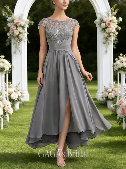 Plus Size A-line Graceful Graceful Scoop Illusion Asymmetrical Lace Chiffon Mother of the Bride Dress With Pleated