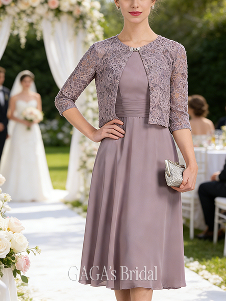 Fall A-line Sophisticated Scoop Tea-Length Chiffon Mother of the Bride Dress With Pleated Beading Sequins