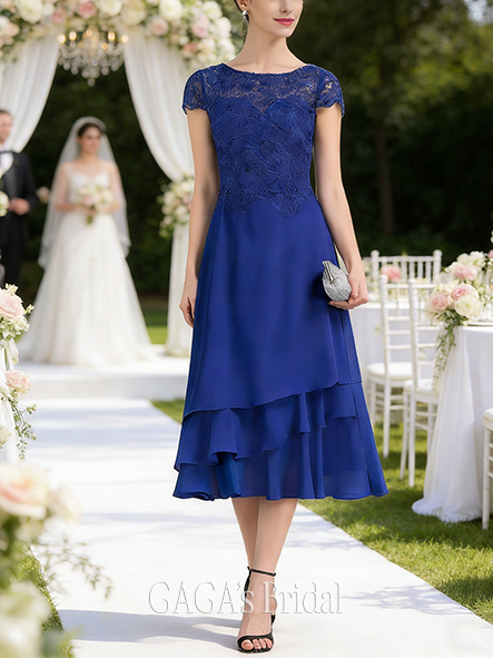 New Arrival A-line Refined Graceful Scoop Illusion Tea-Length Lace Chiffon Mother of the Bride Dress