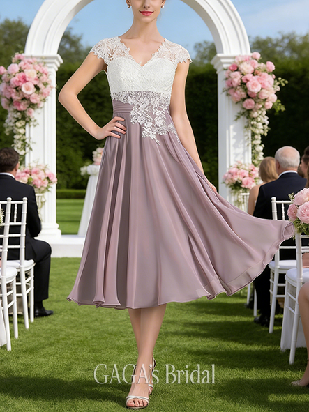 Fall A-line Sophisticated V-Neck Tea-Length Lace Chiffon Mother of the Bride Dress With Sequins