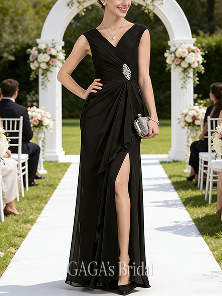 Plus Size A-line Regal Graceful V-Neck Floor-Length Chiffon Mother of the Bride Dress With Cascading Ruffles Crystal Brooch