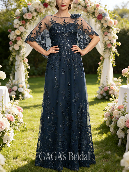 A-line Exquisite Illusion Boat Neck Floor-Length Sequin Lace Mother of the Bride Dress With Cape 3D Floral