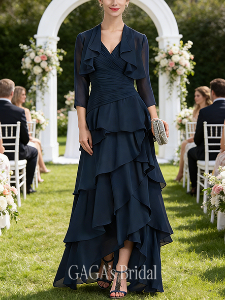 Wedding Guest A-line Refined V-Neck Asymmetrical Chiffon Mother of the Bride Dress With Sequins Beading