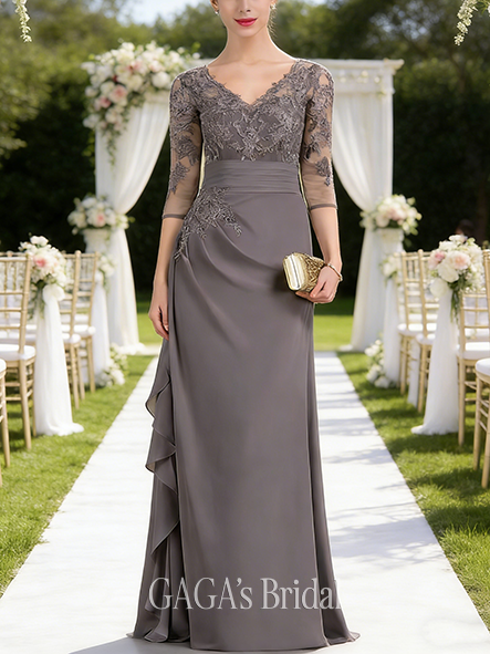 A-line Exquisite V-Neck Floor-Length Lace Chiffon Mother of the Bride Dress With Cascading Ruffles Sequins