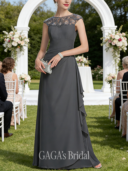 Fall A-line Sophisticated Scoop Floor-Length Chiffon Mother of the Bride Dress With Cascading Ruffles Sequins Beading
