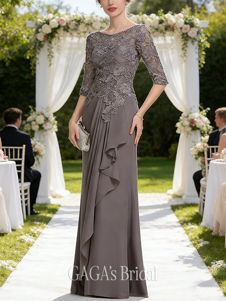 A-line Exquisite Scoop Illusion Floor-Length Lace Chiffon Mother of the Bride Dress With Cascading Ruffles Sequins