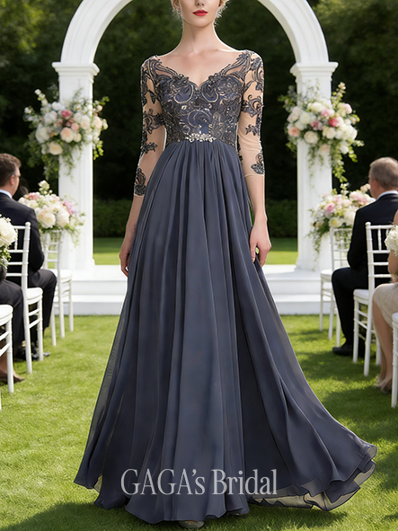 New Arrival A-line Refined Graceful V-Neck Floor-Length Lace Chiffon Mother of the Bride Dress With Beading Sequins Cascading Ruffles