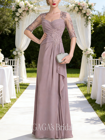 A-line Exquisite Sweetheart Floor-Length Chiffon Lace Mother of the Bride Dress With Cascading Ruffles Beading Sequins