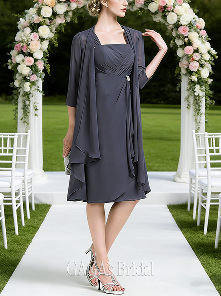 Grandmother A-line Sophisticated Square Knee-Length Chiffon Mother of the Bride Dress With Cascading Ruffles Crystal Brooch