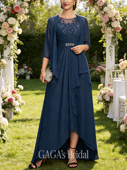 Fall A-line Sophisticated Scoop Illusion Asymmetrical Chiffon Lace Mother of the Bride Dress With Sequins Beading Cascading Ruffles