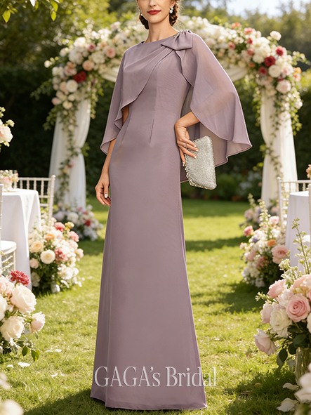A-line Exquisite Boat Neck Floor-Length Chiffon Mother of the Bride Dress With Beading Cape Sequins Pleated Bow