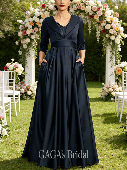 Fall A-line Sophisticated V-Neck Floor-Length Satin Mother of the Bride Dress With Beading Sequins