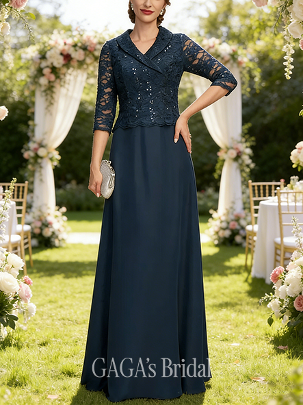 New Arrival A-line Stylish Collared V-Neck Floor-Length Lace Chiffon Mother of the Bride Dress With Sequins