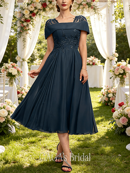 A-line Exquisite Square Tea-Length Lace Chiffon Mother of the Bride Dress With Pleated Sequins