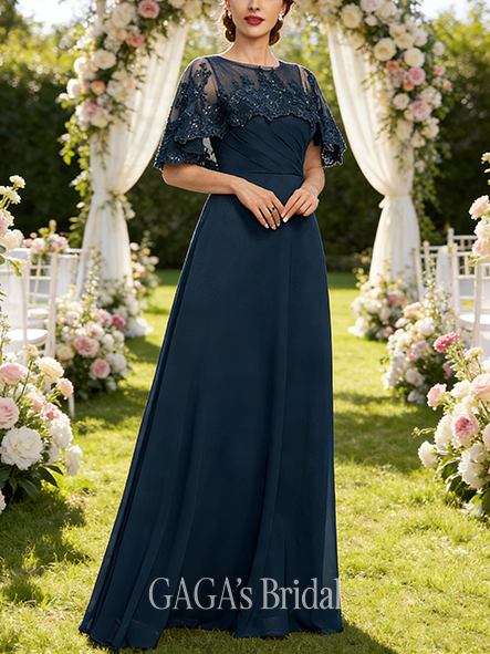 Plus Size A-line Regal Illusion Scoop Floor-Length Lace Chiffon Mother of the Bride Dress With Cape Sequins Pleated