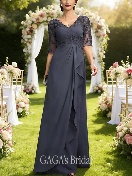 A-line Exquisite V-Neck Floor-Length Lace Chiffon Mother of the Bride Dress With Cascading Ruffles Sequins