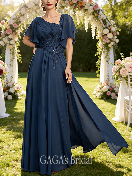 Grandmother A-line Sophisticated Asymmetrical Floor-Length Lace Chiffon Mother of the Bride Dress With Pleated Sequins