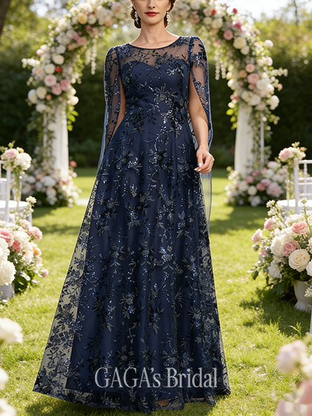 Fall A-line Sophisticated Illusion Scoop Floor-Length Sequin Lace Mother of the Bride Dress With Cape