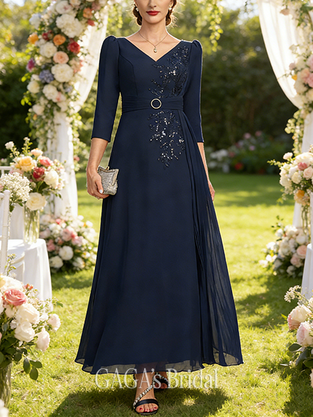 Plus Size A-line Delicate V-Neck Ankle-Length Lace Chiffon Mother of the Bride Dress With Pleated Sequins