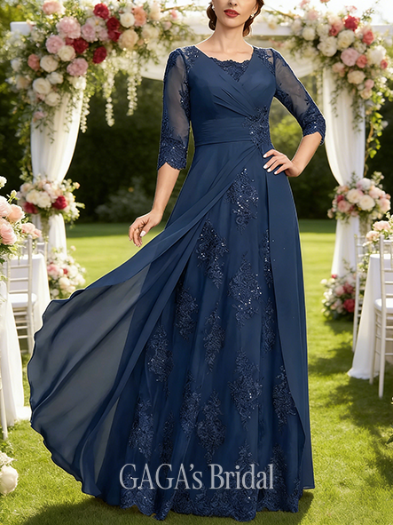Fall A-line Sophisticated Square Floor-Length Lace Chiffon Mother of the Bride Dress With Pleated Sequins
