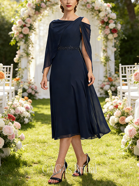 Fall A-line Sophisticated Asymmetrical Cold Shoulder Tea-Length Chiffon Mother of the Bride Dress With Beading Cape Pleated