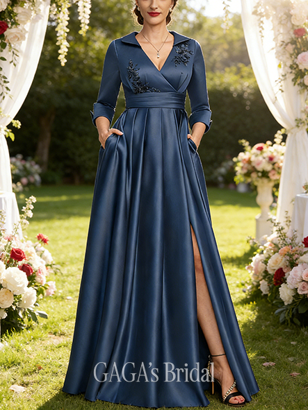 Fall A-line Sophisticated V-Neck Collared Floor-Length Satin Mother of the Bride Dress With Beading 3D Floral Sequins Pleated