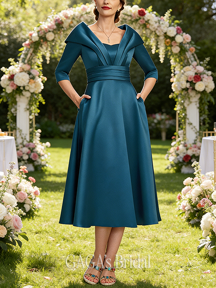 Plus Size A-line Chic Sweetheart Collared Tea-Length Satin Mother of the Bride Dress With Pleated