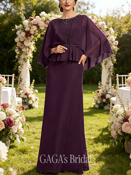 Fall A-line Sophisticated Scoop Floor-Length Chiffon Mother of the Bride Dress With Beading Cape Sequins Pleated